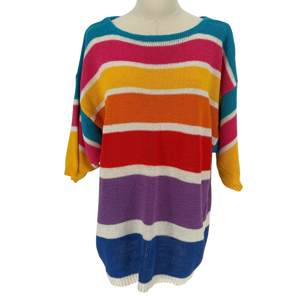 Basic Ingredients Sweater Multicolor Rainbow Stripe Knit Oversized Vintage Sz 42